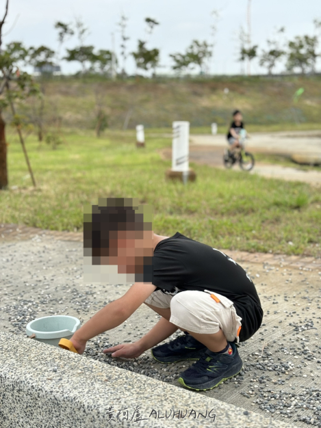 認真開挖的哥哥，後方有人在騎腳踏車