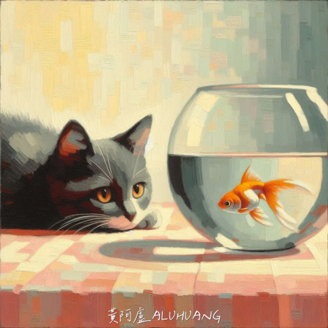 第三回合：一隻貓趴在金魚缸旁