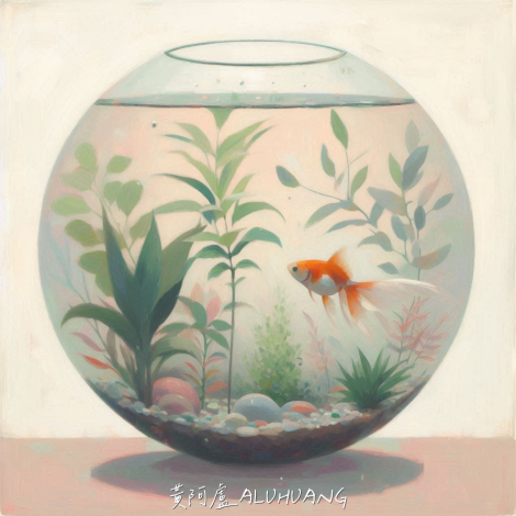 第二回合：一隻金魚在圓形種有水草的魚缸裡