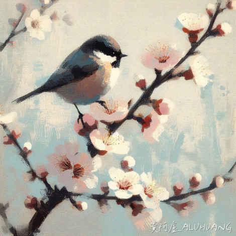 第一回合：一隻鳥棲息在春天盛開的樹枝上