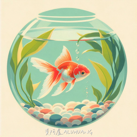第二回合：一隻金魚在圓形種有水草的魚缸裡