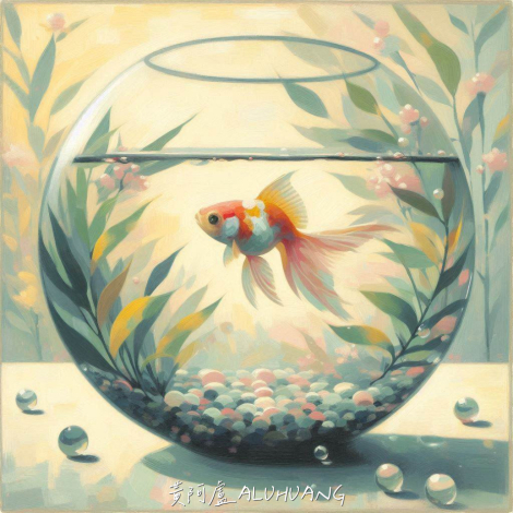 第二回合：一隻金魚在圓形種有水草的魚缸裡