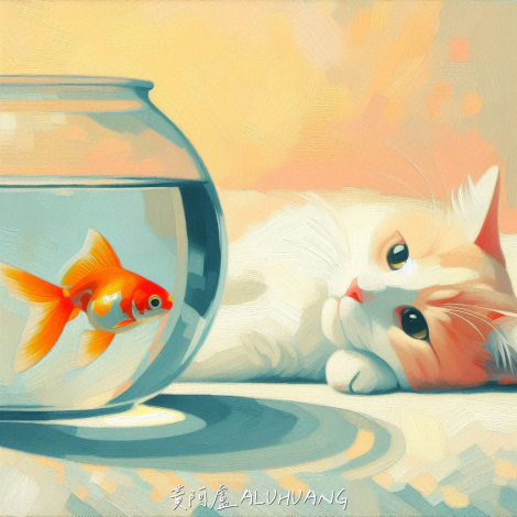 第三回合：一隻貓趴在金魚缸旁